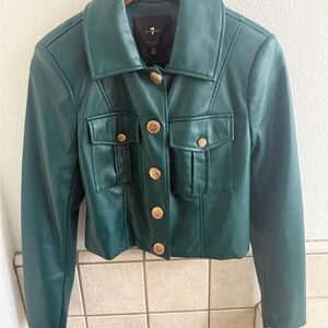 7 For All Mankind Teal Leather Jacket with Gold Buttons